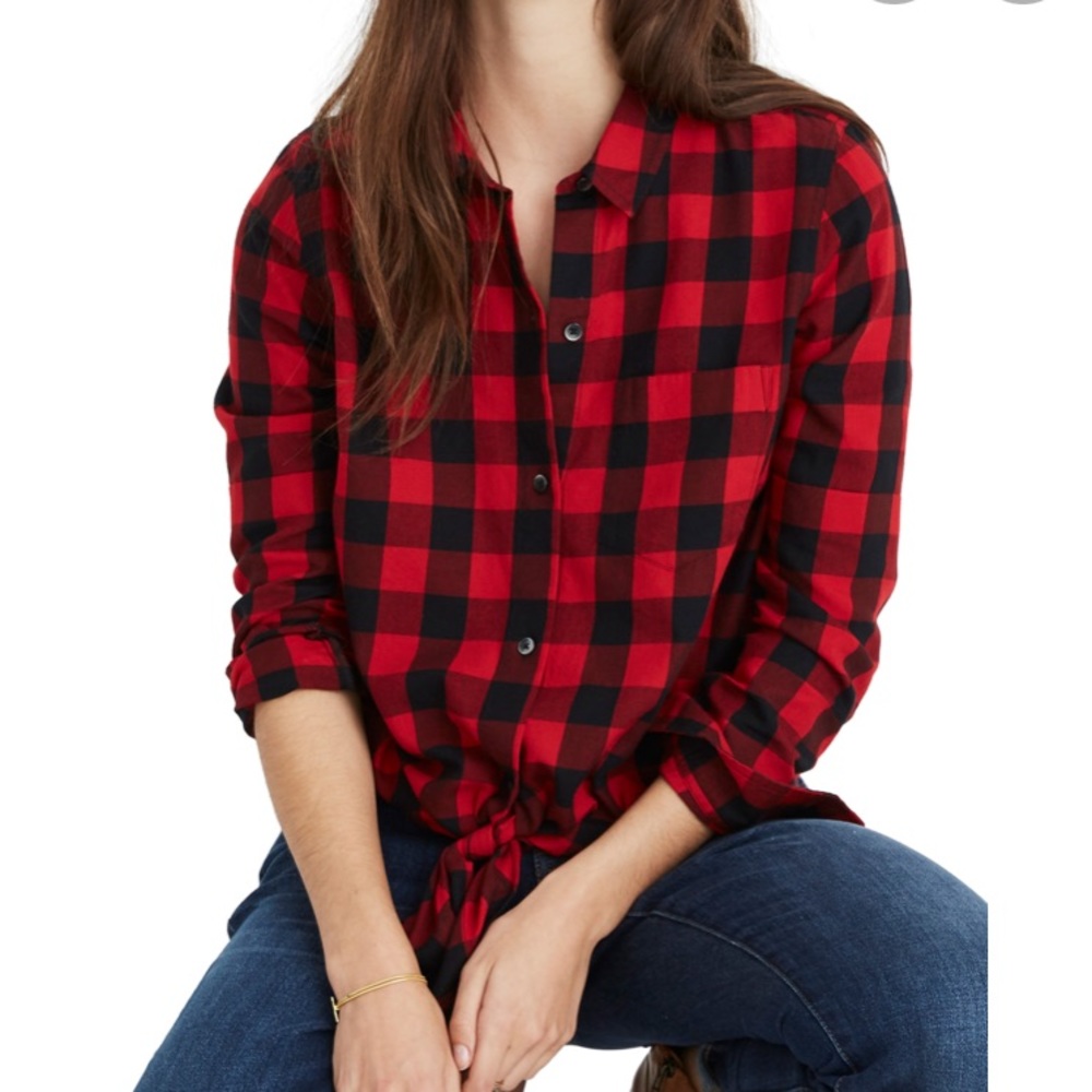 Madewell Front Tie Red Black Buffalo Plaid Flannel Shirt Size Medium NWT